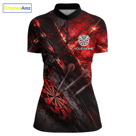 Personalized Black & Red Grunge Dartboard & Arrow Women Darts Quarter-Zip Shirt Custom Dart Team Jersey NYN2618