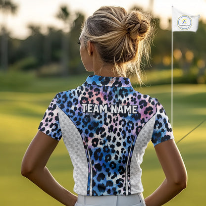 Womens Golf Polo Shirt Custom Neon Blue Leopard Pattern Golf Shirts ,Best Womens Golf Shirts NYN3391