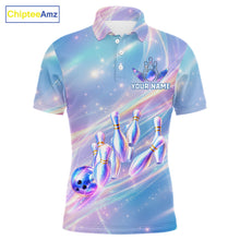 Load image into Gallery viewer, Holographic Bowling Ball &amp; Pins Shirt For Men Custom Rainbow Galaxy Polo Quarter-Zip Bowling Jersey NYN3675