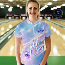 Load image into Gallery viewer, Holographic Bowling Ball &amp; Pins Shirt For Women Custom Rainbow Galaxy Polo Quarter-Zip Bowling Jersey NYN3675