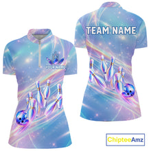 Load image into Gallery viewer, Holographic Bowling Ball &amp; Pins Shirt For Women Custom Rainbow Galaxy Polo Quarter-Zip Bowling Jersey NYN3675