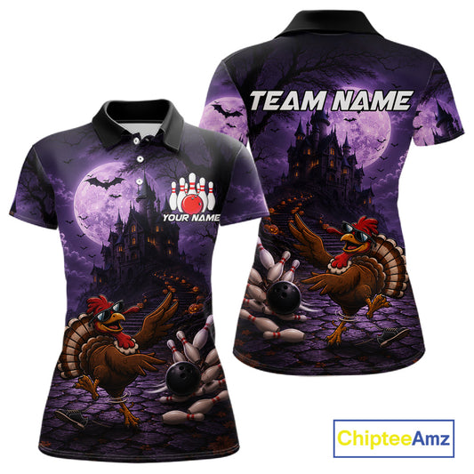 Funny Turkey Autumn Bowling Shirts For Women Custom Thanksgiving Bowling Polo 1/4-Zip Team Uniform NYN3932