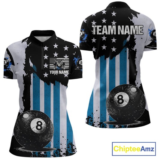 Patriotic Grunge Blue 8 Ball Women Billiard Polo & 1/4 Zip Shirt Custom Pool Billiard Jerseys NYN2358