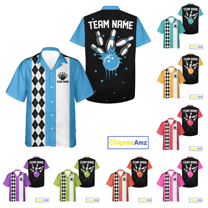 Personalized Retro Bowling Hawaiian Shirts Custom Retro Bowling Button Up Team Shirts | Multicolor NYN3970