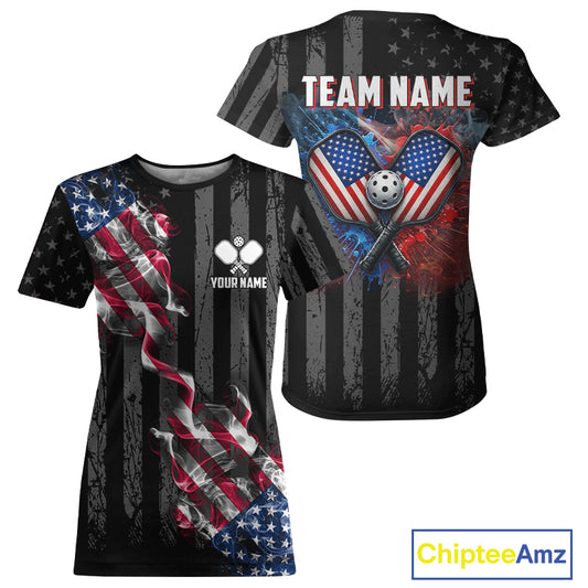 Grunge US Flag 250th Anniversary Pickleball Shirt For Women Patriotic Splatter Pickleball Apparel