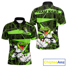 Load image into Gallery viewer, Funny Crocodile Mens Bowling Shirt Custom Green Skin Crocodile Polo Quarter-Zip Bowling Team Attire NYN3686