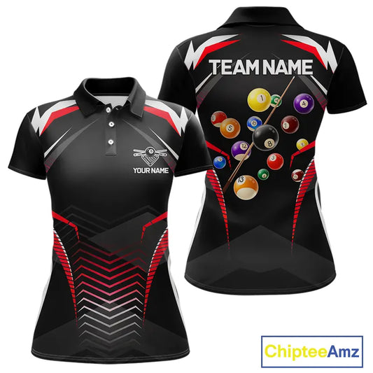 Black & Red Ball Pool Team Shirts Women's Billiard Polo & 1/4-Zip Personalized Billiard Gifts NYN2396
