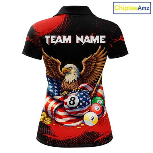 Custom Red Grunge US Flag Eagle Billiard Pool Shirts For Women 8 Ball Patriotic Billiard Team Attire NYN2781