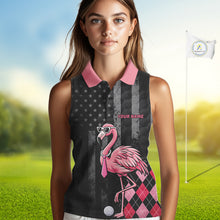 Load image into Gallery viewer, Custom Black Patriotic Golf Sleeveless Polo Shirts For Women, Funny Flamingo Best Golf Clothing Shirts NYN2995