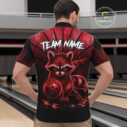 Red Flames Custom Funny Raccoon Mens Bowling Shirts Bowling Team Shirt For Bowlers NYN3411