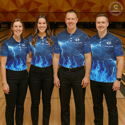 Custom Mens Bowling Thunder Lightning Shirts, Fire Flame Bowling Team Jerseys | Blue NYN3419