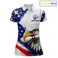 Load image into Gallery viewer, Women's custom bowling polo featuring grunge eagle with bowling ball and pins, personalized performance bowling shirt for USBC league, patriotic sportswear, eagle lovers, wildlife enthusiasts, outdoor lifestyle, symbolizing freedom, leadership, courage, resilience and victory.
