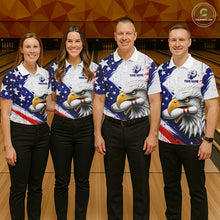Load image into Gallery viewer, Mixed bowling team wearing matching eagle bowling jerseys during championship tournament, personalized uniforms representing unity, teamwork, patriotism, leadership and championship success.