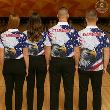 Load image into Gallery viewer, Mixed bowling team wearing matching eagle bowling jerseys during championship tournament, personalized uniforms representing unity, teamwork, patriotism, leadership and championship success.
