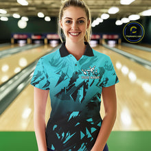 Load image into Gallery viewer, Female bowler wearing black turquoise bowling jersey during league event, personalized athletic apparel symbolizing focus, resilience and success.