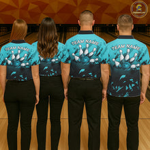 Load image into Gallery viewer, Bowling team wearing matching black turquoise jerseys during championship competition, representing unity, teamwork, balance and excellence.