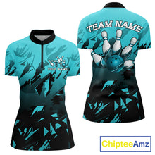 Load image into Gallery viewer, Women's quarter-zip bowling jersey featuring black turquoise strike effects, performance bowling apparel representing clarity, momentum and championship spirit.