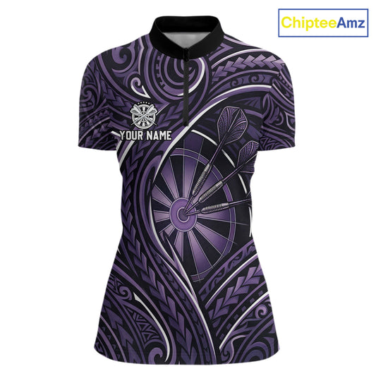Black Purple Tribal Pattern Darts Polo & 1/4-Zip Shirt For Women Personalized Tribal Dart Team Appeal NYN3009