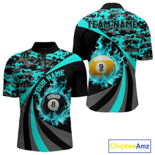 Load image into Gallery viewer, Black Teal Camo Flame 8 Ball 9 Ball Pool Shirt For Men Custom Billiard Team Jersey