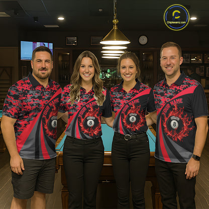 Flame 8 Ball & 9 Ball Billiard Pool Shirt For Women Custom Black And Red Camo Billiard Team Attire NYN3430