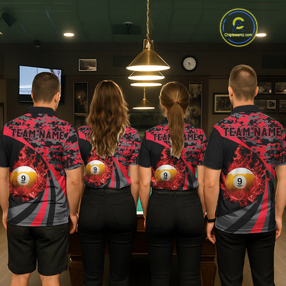 Flame 8 Ball & 9 Ball Billiard Pool Shirt For Women Custom Black And Red Camo Billiard Team Attire NYN3430