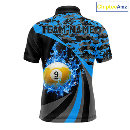 Black Blue Camo Flame 8 Ball 9 Ball Pool Shirt For Men Custom Billiard Team Jersey