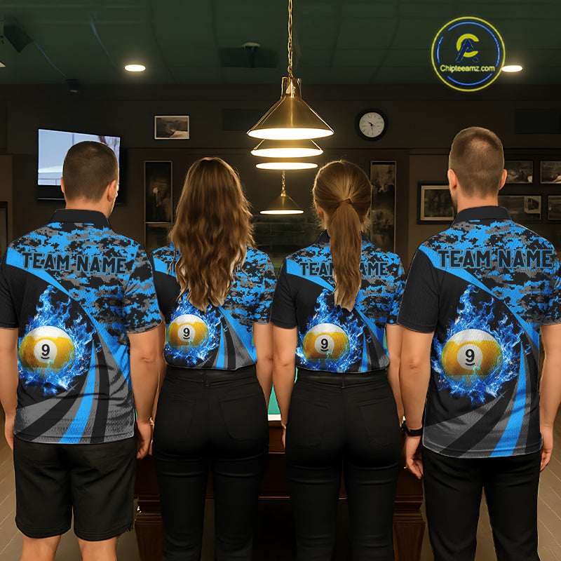 Flame 8 Ball & 9 Ball Billiard Pool Shirt For Women Custom Black And Blue Camo Billiard Team Attire NYN3431