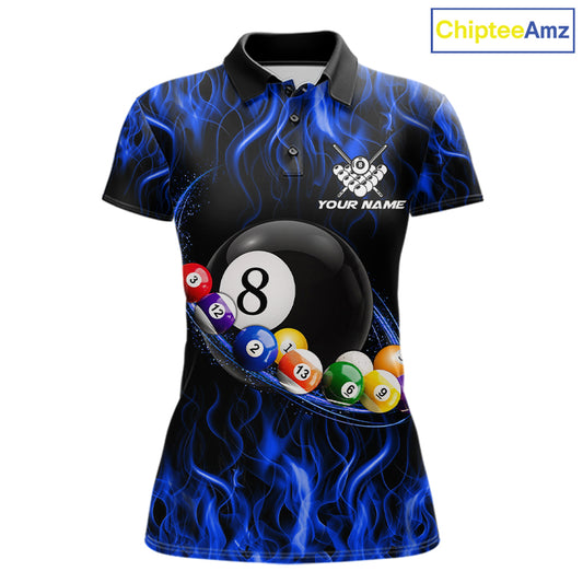 Blue Light Fire Flame 8 Ball Pool Shirt For Women Custom Billiard Ball Team Jersey
