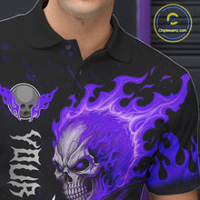 Load image into Gallery viewer, Male model wearing Purple Flames Skull bowling polo, custom bowling team jersey, league tournament apparel, biker-inspired bowling fashion, personalized athletic performance shirt