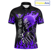 Load image into Gallery viewer, Purple Flames Skull men's bowling polo shirt with aggressive skull graphics, custom bowling league jersey, personalized tournament apparel, performance bowling clothing, championship team polo
