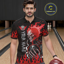 Load image into Gallery viewer, Male model wearing Red Flames Skull bowling jersey, custom bowling league apparel, personalized tournament polo, biker-inspired sportswear, championship bowling team clothing, athletic performance uniform