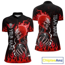 Load image into Gallery viewer, Red Flames Skull women's quarter-zip bowling jersey with intense flame skull design, personalized bowling tournament shirt, custom league uniform, moisture-wicking athletic apparel, championship bowling clothing
