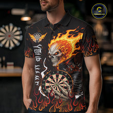 Load image into Gallery viewer, Male model wearing Red Flames Skull darts polo, personalized skeleton tournament jersey, gothic league apparel, championship performance sportswear