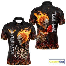 Load image into Gallery viewer, Red Flames Skull men's darts polo with skeleton graphics, personalized dart team jersey, custom tournament apparel, gothic championship sportswear, performance uniform
