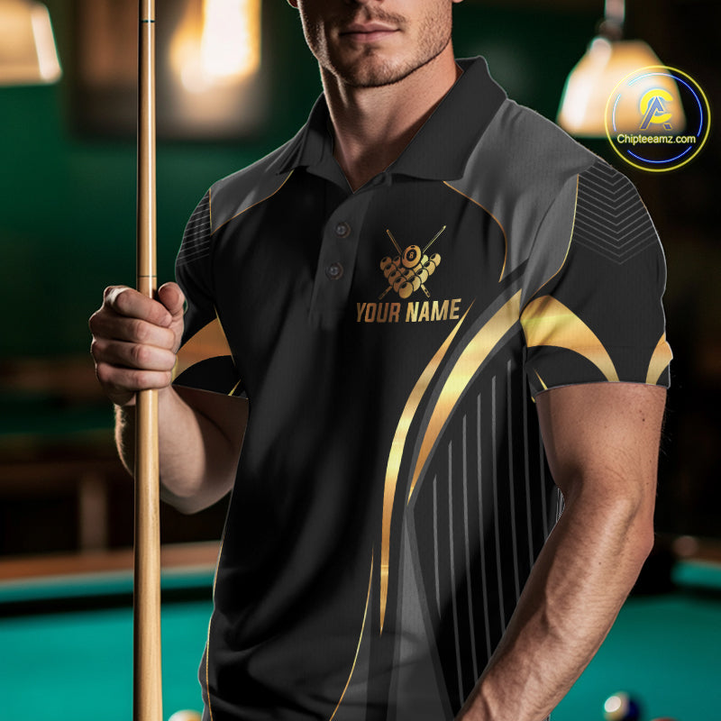 Custom Black And Gold 8 Ball Pool Billiard Shirt For Men Billiard League Polo & 1/4 Zip Jersey NYN3974