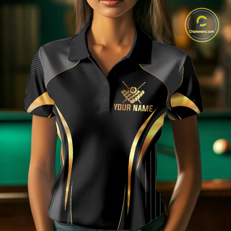 Custom Black And Gold 8 Ball Pool Billiard Shirt For Women Billiard League Polo & 1/4 Zip Jersey NYN3974