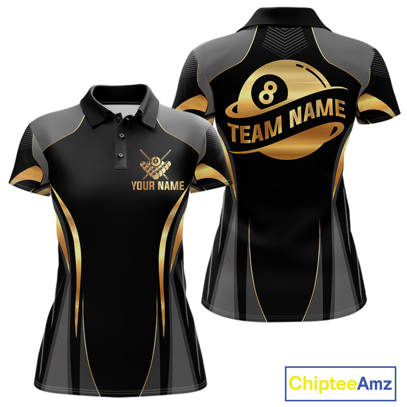 Custom Black And Gold 8 Ball Pool Billiard Shirt For Women Billiard League Polo & 1/4 Zip Jersey NYN3974