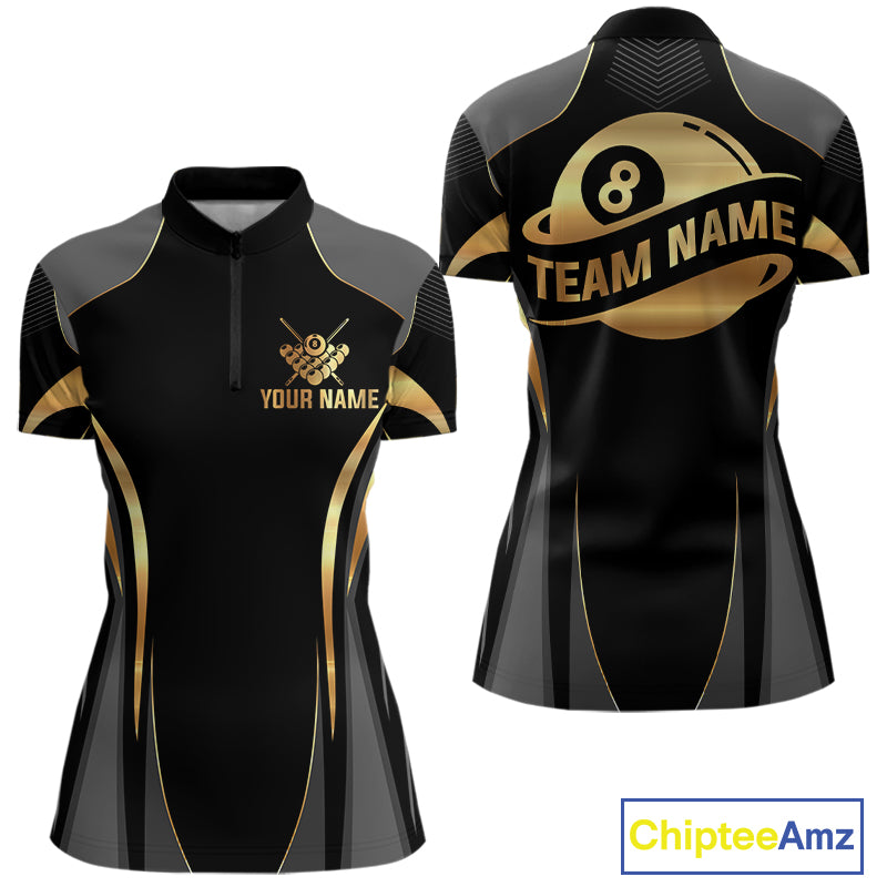 Custom Black And Gold 8 Ball Pool Billiard Shirt For Women Billiard League Polo & 1/4 Zip Jersey NYN3974