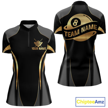 Custom Black And Gold 8 Ball Pool Billiard Shirt For Women Billiard League Polo & 1/4 Zip Jersey NYN3974