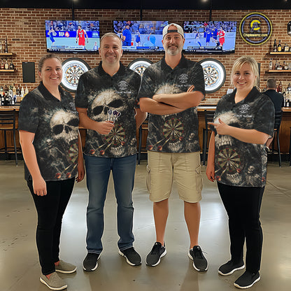 Grunge Horror Grey Skull Vintage Dartboard & Arrow Men Darts Polo Shirt Custom Dart League Shirts NYN2642