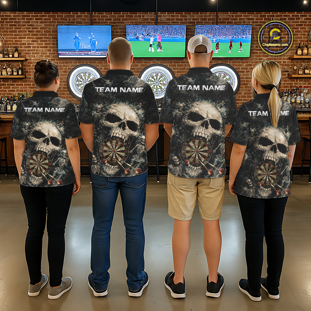 Grunge Horror Grey Skull Vintage Dartboard & Arrow Men Darts Polo Shirt Custom Dart League Shirts NYN2642