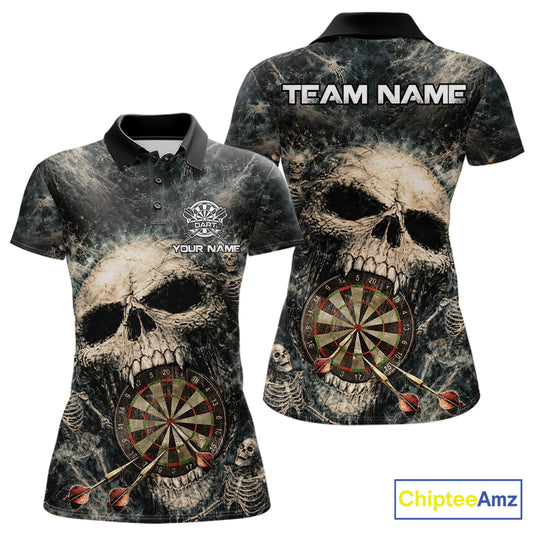 Grunge Horror Grey Skull Vintage Dartboard & Arrow Women Darts Polo Shirt Custom Dart League Shirts NYN2642