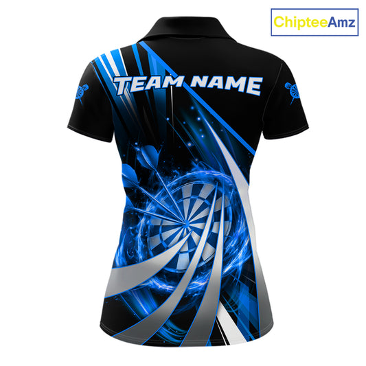 Custom Blue Flaming Dartboard & Arrow Women Darts Polo & 1/4-Zip Shirts Dart Team Jerseys NYN2799