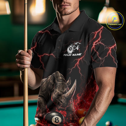 Funny Rhino Billiard 8 Ball Pool Shirt For Men Custom Thunder Lightning Billiard Team Jersey | Red NYN3437