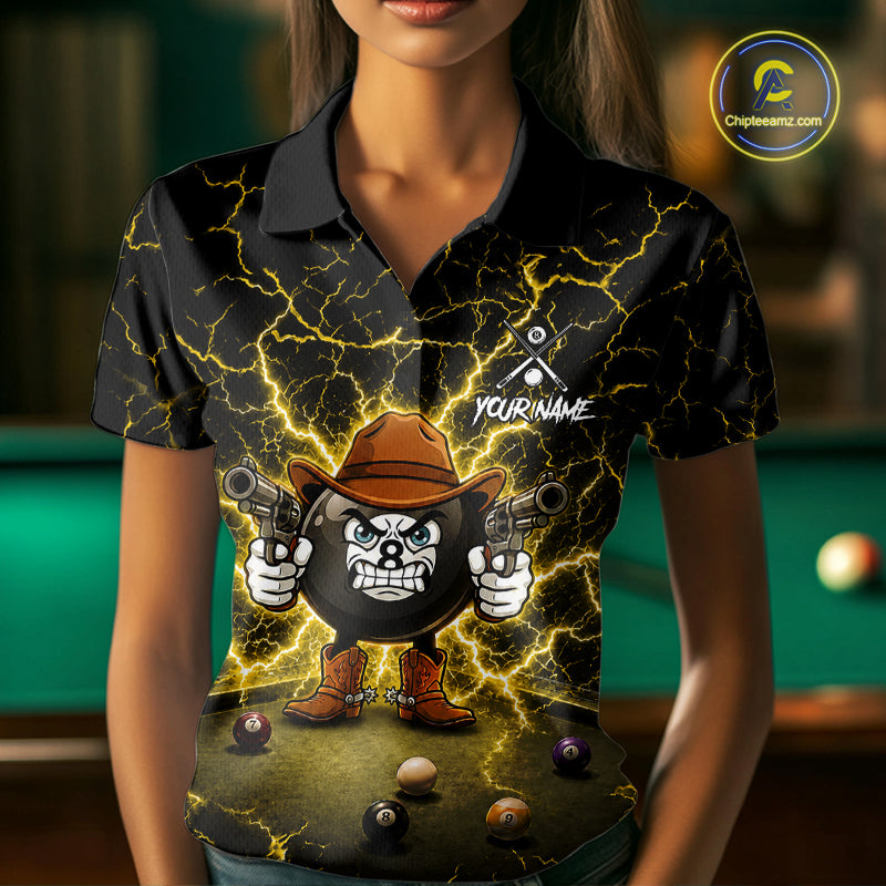Billiard 8 Ball Cowboy Funny Pool Shirt For Women Custom Thunder Yellow Team Billiard Attire NYN3443