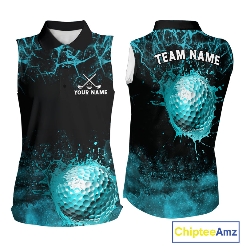 Teal Splatter Golf Ball Womens Golf Polo Shirt Customize Golf Gifts For Sleeveless Golf Tournament Shirt NYN4001