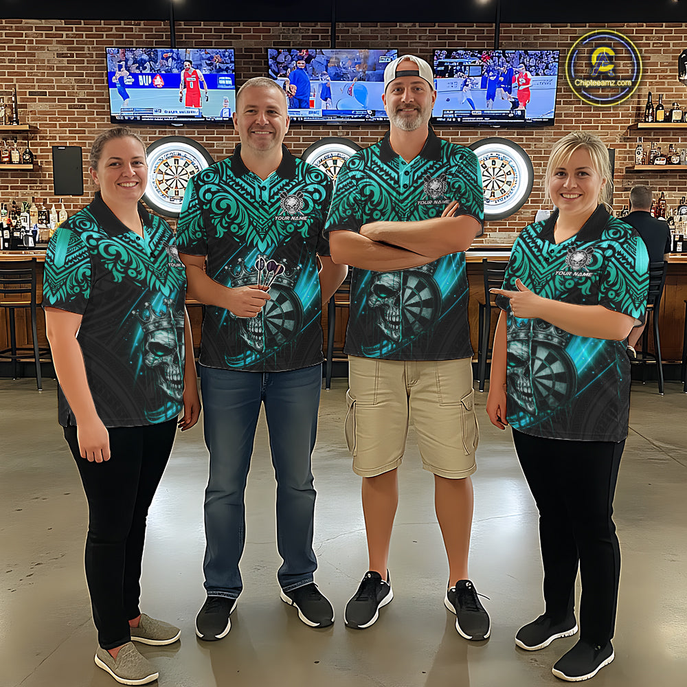Teal Tribal Cracked Crown Skull Dartboard Men Darts 1/4-Zip Shirt Custom Dart League Shirt NYN2648