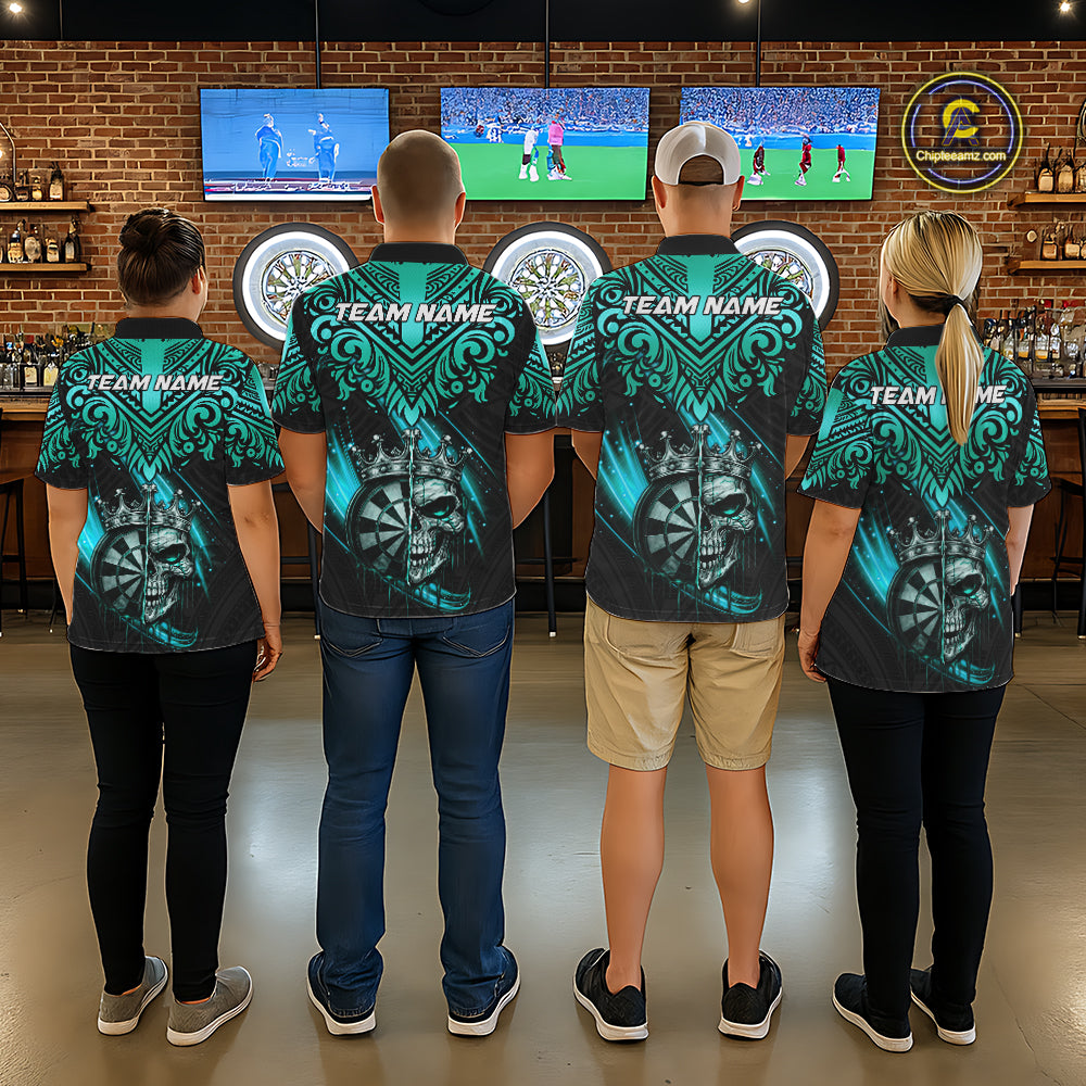 Teal Tribal Cracked Crown Skull Dartboard Men Darts 1/4-Zip Shirt Custom Dart League Shirt NYN2648