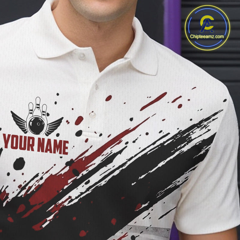 Black And Red Splatter Paint Bowling Ball & Pins Shirts Custom Team Bowling Attire For Men NYN3446