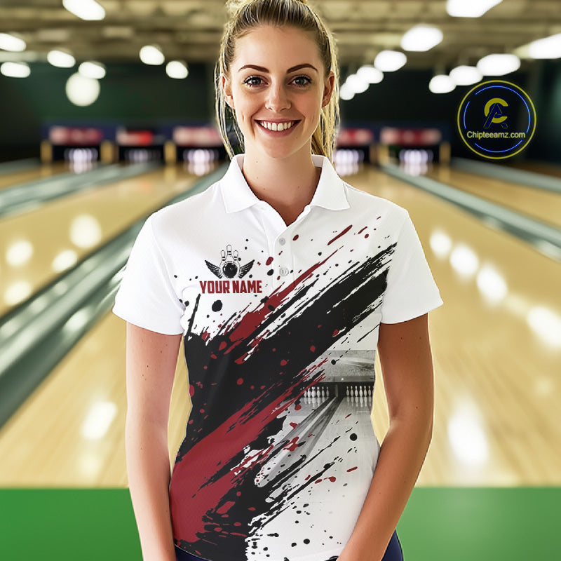 Black And Red Splatter Paint Bowling Ball & Pins Shirts Custom Team Bowling Attire For Women NYN3446